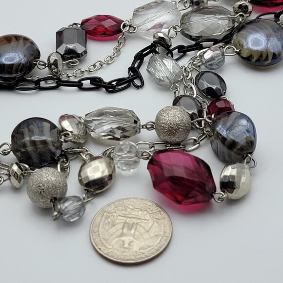 BOCAR Multi Chain Glass Bead Statement Necklace 26" Silver Tone & Red  Layered - Picture 11 of 11